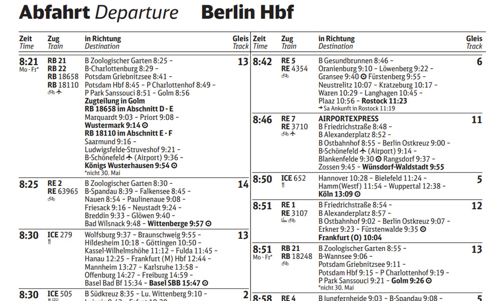 Deutsche Bahn Fahrplan, Berlin Hbf